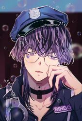 Rule 34 | 1boy, black choker, bubble, choker, cuffs, glasses, haitani rindou, hand up, handcuffs, hat, highres, idol, looking at viewer, male focus, multicolored hair, name tag, neck tattoo, pago0024, police, police hat, police uniform, purple eyes, purple hair, sticker on face, tattoo, tokyo revengers, two-tone hair, uniform, wolf cut