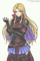 Rule 34 | 1girl, artist name, belt, black gloves, blue skirt, capelet, clarisse (fire emblem), collar, commentary, commission, curtained hair, elbow gloves, english commentary, fire emblem, fire emblem: new mystery of the emblem, gloves, gofelem, high collar, long hair, nintendo, purple capelet, red collar, second-party source, simple background, skirt, solo, standing, twitter username, white background