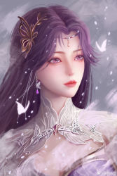 Rule 34 | 1girl, absurdres, bug, butterfly, cleavage cutout, closed mouth, clothing cutout, earrings, grey background, highres, insect, jewelry, long hair, looking to the side, purple eyes, purple hair, solo, sparkling eyes, upper body, wanmei shijie, yun xi (wanmei shijie), zise xiong shou