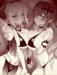 Rule 34 | 1boy, 2girls, bare shoulders, bikini, bow, bracelet, braid, breast press, breasts, choker, cleavage, clenched teeth, collarbone, earrings, baobhan sith (fate), fate/grand order, fate (series), french braid, greyscale, hair bow, highres, holding hands, jewelry, large breasts, long hair, looking at viewer, m-da s-tarou, monochrome, morgan le fay (fate), multiple girls, navel, pointy ears, ponytail, pubic tattoo, sidelocks, smile, swimsuit, symmetrical docking, tattoo, teeth, thighs, tiara, very long hair, wrist cuffs