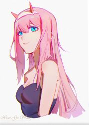 Rule 34 | 1girl, absurdres, bare arms, black dress, blue eyes, breasts, cleavage, closed mouth, cropped arms, cropped torso, darling in the franxx, dress, grey background, hair between eyes, hairband, highres, horns, long hair, pink hair, small breasts, solo, strapless, very long hair, white hairband, xiao gu wang, zero two (darling in the franxx)