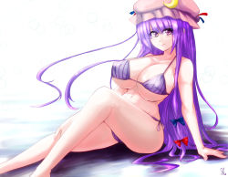 Rule 34 | 1girl, adapted costume, arm support, bad id, bad pixiv id, bare arms, bare legs, bare shoulders, barefoot, bikini, blue bow, blunt bangs, blush, bow, breasts, cleavage, closed mouth, collarbone, crescent, eyebrows, female focus, from side, hair bow, hair ornament, hat, hat ribbon, huge breasts, ibara azuki, keiazu, knee up, legs, long hair, looking at viewer, looking to the side, mob cap, navel, on ground, patchouli knowledge, purple bikini, purple eyes, purple hair, red bow, ribbon, side-tie bikini bottom, sidelocks, sitting, smile, solo, stomach, string bikini, striped bikini, striped clothes, swimsuit, touhou, underboob, vertical-striped bikini, vertical-striped clothes, very long hair
