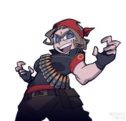 Rule 34 | 1girl, ammunition belt, artist name, bandana, belt, belt buckle, belt pouch, black belt, black gloves, black vest, blue eyes, breasts, brown hair, brown pants, buckle, commentary, dated, english commentary, fingerless gloves, genderswap, genderswap (mtf), gloves, heavy (tf2), helltaker, highres, large breasts, looking at viewer, pants, pouch, red bandana, red heavy (tf2), red shirt, shirt, short hair, short sleeves, simple background, solo, team fortress 2, toned, transparent background, upper body, vanripper (style), vest, white background, zzoupz