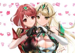 Rule 34 | 2girls, armor, bare shoulders, black gloves, blonde hair, breast press, breasts, circlet, cleavage, elbow gloves, gloves, heart, heart hands, heart hands duo, highres, large breasts, long hair, looking at viewer, multiple girls, mythra (xenoblade), nayuta-kanata, pyra (xenoblade), red eyes, red hair, short hair, shoulder armor, smile, white gloves, xenoblade chronicles (series), xenoblade chronicles 2, yellow eyes