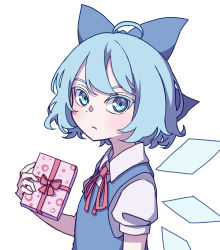 Rule 34 | 1girl, absurdres, blue bow, blue dress, blue eyes, blue hair, bow, box, cirno, closed mouth, collared shirt, dress, eyebrows hidden by hair, from side, gift, gift box, hair bow, highres, holding, holding gift, ice, ice wings, kame (kamepan44231), looking at viewer, neck ribbon, one-hour drawing challenge, red ribbon, ribbon, shirt, short hair, short sleeves, simple background, solo, touhou, upper body, white background, white shirt, wings
