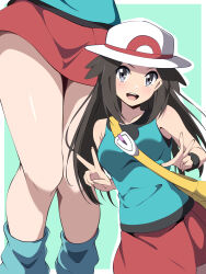 1girl absurdres borgbutler breasts brown_eyes brown_hair commentary_request creatures_(company) game_freak hat highres leaf_(pokemon) long_hair looking_at_viewer loose_socks nintendo open_mouth pokemon pokemon_frlg red_skirt shirt skirt sleeveless sleeveless_shirt smile socks standing v wristband yellow_bag