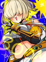 Rule 34 | 1girl, ahoge, bare shoulders, blonde hair, blue background, blush, breasts, commentary request, elegg (nikke), exposed pocket, fang, gloves, goddess of victory: nikke, hair intakes, hair over eyes, highres, large breasts, long bangs, looking at viewer, medium hair, mukkusan, multicolored hair, navel, open hands, open mouth, plump, shorts, skin fang, solo, suspender shorts, suspenders, sweat, two-tone hair, upper body