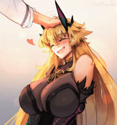 Rule 34 | 1girl, bare shoulders, barghest (fate), barghest (second ascension) (fate), black dress, blonde hair, breasts, closed eyes, dress, fate/grand order, fate (series), gauntlets, headpat, heart, highres, horns, jewelry, large breasts, long hair, necklace, obazzotto, open mouth, petting, single gauntlet, smile, solo focus