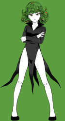 Rule 34 | 1girl, bare legs, black dress, collarbone, crossed arms, dress, expressionless, full body, green eyes, green hair, green theme, groin, highres, long sleeves, matching hair/eyes, no panties, no socks, one-punch man, pelvic curtain, shoes, short hair, solo, spot color, standing, take., tatsumaki