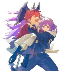 1boy 1girl axe battle_axe black_coat black_robe blunt_bangs carrying closed_eyes closed_mouth coat crying dress fern_(sousou_no_frieren) hand_on_another&#039;s_shoulder highres holding horns jacket kurattes long_hair long_sleeves open_mouth pants princess_carry purple_eyes purple_hair red_coat red_hair robe short_hair simple_background sitting sousou_no_frieren stark_(sousou_no_frieren) weapon white_background