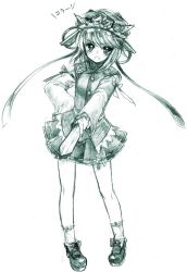Rule 34 | 1girl, blush, bow, female focus, foreshortening, frown, graphite (medium), hand on own hip, hat, loafers, looking at viewer, monochrome, open mouth, pigeon-toed, pointing, ribbon, rod of remorse, shiki eiki, shoes, short hair, skirt, socks, solo, standing, touhou, traditional media, usa (artist), usaki (ama)