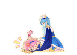 Rule 34 | 2girls, absurdres, blonde hair, blue cape, blue dress, blue hair, blush stickers, boots, cape, chinese commentary, closed eyes, commentary request, crown, cure sky, cure wonderful, dress, earclip, earrings, facing another, fingerless gloves, frilled dress, frills, fringe trim, gloves, gradient hair, hairband, highres, hirogaru sky! precure, in-franchise crossover, jewelry, long hair, lying, magical girl, medium dress, mini crown, multicolored hair, multiple girls, notice lines, on stomach, open mouth, pantyhose, pink crown (object), pink footwear, pink hair, pink pantyhose, playing, precure, simple background, sipeiren, smile, sora harewataru, squatting, streaked hair, striped clothes, striped pantyhose, tilted headwear, twintails, two-tone dress, two-tone hair, two side up, very long hair, white background, white dress, white gloves, wing hair ornament, wonderful precure!, yellow hairband, yellow pantyhose