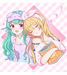 Rule 34 | 2girls, :d, bag of chips, bare shoulders, blonde hair, blunt bangs, checkered background, chips (food), closed eyes, collarbone, crumbs, eyelashes, finana ryugu, fins, fish girl, food, frills, green hair, hair between eyes, hair ribbon, head fins, heart, highres, hugging object, leaning on person, letterboxed, long hair, looking at another, mask, mask on head, mugimugigo, multiple girls, neck tattoo, nijisanji, nijisanji en, open mouth, pajamas, parted lips, pink ribbon, pointy ears, pomu rainpuff, potato chips, purple eyes, ribbon, shell, shell print, sleep mask, sleeping, sleepover, smile, starfish print, strap slip, tattoo, twitter username, upper body, virtual youtuber, wavy hair, zzz
