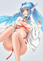 Rule 34 | 1girl, blue eyes, blue hair, blush, bottomless, breasts, censored, choker, convenient censoring, dress shirt, fins, head fins, large breasts, lintanghaseo, long hair, long sleeves, lying, matching hair/eyes, on back, open clothes, open shirt, original, ribbon, shirt, solo, split ponytail, sweat