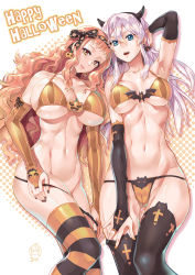 Rule 34 | 2girls, armpits, bikini, blue eyes, breasts, cleavage, earrings, ge xi, halloween, highres, jewelry, large breasts, long hair, multiple girls, nail polish, navel, orange eyes, orange hair, original, silver hair, smile, striped clothes, striped legwear, striped thighhighs, swimsuit, thighhighs, witches in 7th base