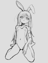 Rule 34 | 1girl, animal ears, bare shoulders, breasts, elbow gloves, expressionless, fake animal ears, full body, gloves, kurobeko (kur0bek0), leotard, long hair, looking at viewer, monochrome, original, parted lips, playboy bunny, rabbit ears, sitting, sketch, small breasts, solo, wariza