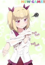 Rule 34 | 10s, 1girl, absurdres, blonde hair, bow, eyebrows, frilled shirt, frills, hair bow, highres, holding own arm, iijima yun, long sleeves, makicha (sasurainopink), new game!, red eyes, shirt, skirt, solo, squiggle, sweat, two side up, wavy mouth
