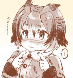 Rule 34 | ..., 1girl, blush, buttons, closed mouth, embarrassed, eurasian eagle owl (kemono friends), eyelashes, fur collar, hair between eyes, highres, kemono friends, long sleeves, monochrome, nervous, short hair, solo, speech bubble, spoken ellipsis, suicchonsuisui, translation request