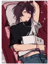 Rule 34 | 1girl, black shirt, book, brown hair, chinese commentary, closed eyes, commentary request, couch, cushion, denim, earbuds, earphones, highres, holding, holding book, hugging book, hugging object, inui toko, jeans, lingyi, lying, medium hair, nijisanji, on back, on couch, pants, parted lips, shirt, short sleeves, sleeping, solo, virtual youtuber