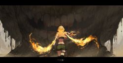 Rule 34 | 1girl, blonde hair, blood, copyright name, dishwasher1910, fingerless gloves, fire, from behind, gloves, grimm (rwby), letterboxed, long hair, mechanical arms, rwby, short shorts, shorts, single glove, single mechanical arm, teeth, very long hair, yang xiao long