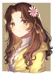 Rule 34 | 1girl, ariura kanna, blush, brown background, brown eyes, brown hair, closed mouth, commentary request, cropped torso, dated, flower, forehead, hair flower, hair ornament, highres, hood, hood down, hooded jacket, idolmaster, idolmaster cinderella girls, jacket, looking at viewer, open clothes, open jacket, parted bangs, pink flower, rosette (roze-ko), signature, smile, solo, two-tone background, upper body, white background, yellow jacket