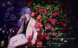 Rule 34 | 1boy, alternate costume, black vest, blue eyes, blue hair, camellia, candle, chair, collared shirt, cup, dated, feet out of frame, flower, genshin impact, hair between eyes, hand up, highres, jacket, kamisato ayato, light blue hair, light particles, long hair, long sleeves, looking at viewer, male focus, mole, mole under mouth, necktie, pants, purple necktie, red flower, sample watermark, shirt, sitting, solo, sparkle, text background, vest, watermark, white jacket, white pants, white shirt, wonderrobin