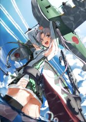 Rule 34 | 10s, 1girl, ahoge, akitsushima (kancolle), armpits, arms up, ass, cloud, from below, grey eyes, kantai collection, looking at viewer, miniskirt, nishikitaitei-chan, open mouth, reppuu (kancolle), silver hair, skirt, sky, smile, solo, thighhighs, tsuuhan, twintails, wet, wet clothes