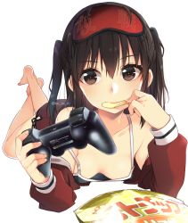 Rule 34 | 10s, 1girl, bag of chips, bare shoulders, barefoot, blush, breasts, brown eyes, brown hair, camisole, character name, chips (food), collarbone, contemporary, controller, downblouse, dualshock, eating, food, foreshortening, full body, game controller, gamepad, hanging breasts, holding, jacket, kantai collection, koruri, legs up, long sleeves, looking at viewer, lying, on stomach, open clothes, open jacket, playstation controller, red jacket, sendai (kancolle), short hair, sleeveless, small breasts, solo, the pose, transparent background, twitter username, wireless