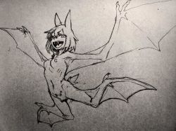 Rule 34 | 1girl, bat wings, breasts, crobat, fangs, flying, kanemaki thomas, monochrome, monster girl, navel, nipples, nude, personification, pokemon, short hair, small breasts, solo, tail, traditional media, wings