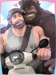 Rule 34 | &gt;:), 2boys, animal ears, ashikakoshika, bara, bear boy, bear ears, beard, blue background, brown fur, connected beard, couple, facial hair, full beard, furry, furry male, furry with non-furry, goggles, goggles on headwear, grey tank top, grin, heart, highres, interspecies, large pectorals, male focus, mature male, multiple boys, multiple riders, muscular, muscular male, mustache, on motorcycle, one eye closed, original, pectorals, pink background, short hair, sidepec, smile, tank top, thick eyebrows, two-tone background, upper body, v-shaped eyebrows, yaoi