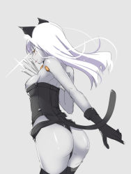 Rule 34 | 1girl, animal ears, ass, bad id, bad pixiv id, bare shoulders, breasts, cat ears, cat tail, from behind, gloves, kamen rider, kamen rider ooo (series), long hair, siam-neko yummy, simple background, small breasts, solo, tail, thighhighs, tongue, weapon, white hair, yanagi yuu, yellow eyes