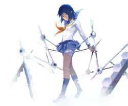 Rule 34 | 1girl, blue hair, blue sailor collar, bob cut, busou renkin, closed mouth, cofffee, full body, long sleeves, looking at viewer, sailor collar, scar, scar on face, scar on nose, school uniform, short hair, simple background, skirt, solo, tsumura tokiko, white background, yellow eyes
