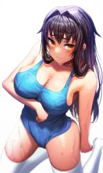 Rule 34 | 1girl, black hair, blue one-piece swimsuit, blush, breasts, collarbone, gibagiba, highres, kneeling, large breasts, long hair, looking at viewer, mole, mole on breast, one-piece swimsuit, original, simple background, solo, swimsuit, thighhighs, wet, white background, white thighhighs, yellow eyes