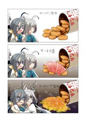Rule 34 | 10s, 2girls, :p, ahoge, asashimo (kancolle), chicken nuggets, clenched teeth, colorized, comic, crying, crying with eyes open, drooling, food, hair over one eye, highres, kaga3chi, kantai collection, kiyoshimo (kancolle), long hair, looking away, multiple girls, open mouth, school uniform, silent comic, smile, steak, tears, teeth, tongue, tongue out, translation request, trembling, very long hair, wavy mouth