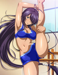 Rule 34 | 1girl, absurdly long hair, antenna hair, armpits, bare arms, bare legs, barefoot, blue shorts, blue sports bra, breasts, cleavage, closed mouth, floating hair, grey eyes, hair over one eye, ikkitousen, indoors, kan&#039;u unchou, large breasts, leg up, long hair, looking at viewer, low-tied long hair, midriff, navel, purple hair, shiny skin, short shorts, shorts, smile, solo, split, sports bra, stomach, underboob, very long hair