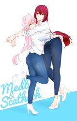 Rule 34 | 2girls, ;p, artist name, ass, blue background, breasts, character name, denim, dress shirt, fate/grand order, fate (series), height difference, high heels, highres, hip focus, hug, jeans, leg up, legs, long hair, long sleeves, looking at viewer, medb (fate), medium breasts, multiple girls, one eye closed, pants, pink hair, purple hair, red eyes, scathach (fate), shirt, sidelocks, sleeves rolled up, thick thighs, thighs, tongue, tongue out, two-tone background, udon-udon, white background, white shirt, wide hips, yellow eyes, yuri