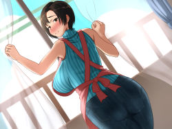 Rule 34 | 1girl, apron, ass, breasts, brown eyes, brown hair, closed mouth, denim, female focus, highres, hip focus, hot mikan, huge ass, indoors, jeans, jewelry, legs, looking at viewer, looking back, pants, ribbed sweater, ring, shiny skin, short hair, sleeveless, smile, standing, sweater, thick thighs, thighs, wide hips, window