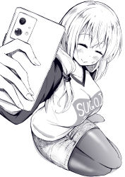 Rule 34 | 1girl, blush, breasts, clothes writing, cosplay, closed eyes, foreshortening, greyscale, hair over shoulder, highres, holding, holding phone, large breasts, long hair, long sleeves, looking at viewer, mature female, meme attire, monochrome, pantyhose, phone, selfie, shiiba aki, shirt, simple background, skirt, solo, sugoi dekai, sweat, uzaki-chan wa asobitai!, uzaki hana, uzaki hana (cosplay), uzaki tsuki, white background