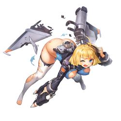 Rule 34 | 1girl, ahoge, ass, battle damage, blonde hair, blue eyes, breasts, bruise, damaged, full body, game cg, griffon (last origin), headgear, highres, injury, kakiman, large breasts, last origin, leaning forward, mecha musume, no panties, official art, one eye closed, open mouth, rocket, rocket launcher, solo, tachi-e, thighhighs, torn clothes, transparent background, weapon, wings