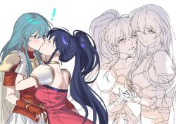 Rule 34 | blue hair, blush, closed eye, closed eyes, eirika (fire emblem), fire emblem, fire emblem: the sacred stones, gloves, hand on another&#039;s shoulder, highres, holding hands, kiss, mik blamike, nintendo, ponytail, princess, surprise kiss, surprised, tana (fire emblem), yuri