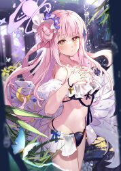Rule 34 | 1girl, bare shoulders, bikini, blue archive, blush, breasts, bug, butterfly, flower, hair bun, hair flower, hair ornament, hair scrunchie, halo, highres, insect, large breasts, long hair, looking at viewer, mika (blue archive), navel, pink hair, renka (renkas), scrunchie, sidelocks, single side bun, solo, swimsuit, thighs, water, white bikini, yellow eyes