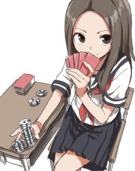 Rule 34 | 10s, 1girl, absurdres, brown eyes, brown hair, card, collarbone, commentary request, covered mouth, deck, deck of cards, eyebrows, forehead, highres, holding, holding card, karakai jouzu no takagi-san, looking at viewer, necktie, playing games, poker, poker chip, red card, red necktie, school uniform, serafuku, sitting, smile, smirk, solo, takagi-san, white background, yamamoto souichirou