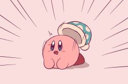 Rule 34 | 5health, ^^^, blue eyes, blue hat, blush stickers, brown background, colored skin, drooling, flat color, flower, fur-trimmed headwear, fur trim, hat, hat loss, highres, kirby, kirby (series), lying, motion lines, nintendo, no humans, on stomach, open mouth, pink skin, polka dot headwear, pom pom (clothes), red flower, shadow, shoes, simple background, sleep kirby, solo, tearing up, waking up