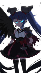 Rule 34 | 1girl, armor, black dress, black hair, black thighhighs, black wings, blue eyes, blue hair, bow, brooch, clenched hand, closed mouth, cowboy shot, cure sky, cut bangs, cure sky (dark), dark persona, detached sleeves, dress, dress bow, earclip, earrings, feathered wings, fingerless gloves, frown, fujihana (mugenpixel), glaring, gloves, gradient hair, grey gloves, half-closed eyes, highres, hirogaru sky! precure, jewelry, long hair, looking at viewer, magical girl, multicolored hair, pauldrons, precure, puffy detached sleeves, puffy sleeves, red hair, short dress, shoulder armor, single earring, single pauldron, single sidelock, single wing, sleeveless, sleeveless dress, solo, spiked pauldrons, standing, streaked hair, sweat, thighhighs, twintails, very long hair, wing brooch, wings