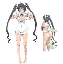Rule 34 | 10s, 1girl, ass, assisted exposure, back, backless dress, backless outfit, barefoot, black hair, blue eyes, blush, breast hold, breasts, cleavage, cleavage cutout, clothing cutout, covered navel, d1975, dress, dungeon ni deai wo motomeru no wa machigatteiru darou ka, feet, female focus, full body, gloves, hair ribbon, hestia (danmachi), highres, large breasts, long hair, looking back, multiple views, panties, panty pull, rei no himo, ribbon, smile, standing, toes, twintails, underwear, very long hair, white background, white dress, white gloves
