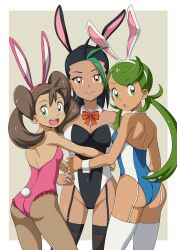 Rule 34 | 3girls, absurdres, animal ears, ass, backless leotard, bare shoulders, black hair, black leotard, black thighhighs, blue eyes, blue leotard, border, breasts, brown hair, closed mouth, collar, cowboy shot, creatures (company), dark-skinned female, dark skin, fake animal ears, fake tail, fishnet pantyhose, fishnets, from behind, game freak, garter straps, green eyes, green hair, grey background, hair slicked back, highres, large breasts, leotard, long hair, looking at viewer, looking back, low twintails, mallow (pokemon), matching hair/eyes, medium breasts, multicolored hair, multiple girls, nemona (pokemon), nintendo, open mouth, orange eyes, pantyhose, pink leotard, playboy bunny, pokemon, pokemon sm, pokemon sv, pokemon xy, ponytail, rabbit ears, shauna (pokemon), simple background, smile, standing, suitenan, tail, teeth, thighhighs, tongue, twintails, two-tone hair, upper teeth only, white border, white thighhighs, wrist cuffs