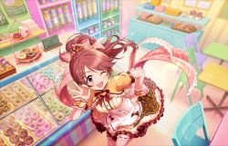Rule 34 | 10s, 1girl, apron, blush, bow, brown eyes, brown hair, chair, dancing, doughnut, dress, earrings, food, frills, hair ornament, hairclip, hand on own hip, happy, heart, idolmaster, idolmaster cinderella girls, idolmaster cinderella girls starlight stage, jewelry, long hair, looking at viewer, menu board, music, official art, one eye closed, open mouth, parted bangs, pink eyes, ponytail, shiina noriko, singing, smile, solo, striped clothes, striped thighhighs, sweets, table, thighhighs, valentine, wrist cuffs