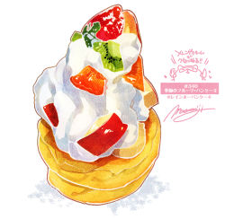 Rule 34 | apple, artist name, cantaloupe, commentary request, cream, doodle, food, food focus, food request, fruit, hashtag, highres, kiwi (fruit), momiji mao, no humans, noise, numbered, original, pancake, pastry, raccoon, shadow, signature, simple background, souffle pancake, still life, strawberry, translation request, white background