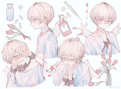 Rule 34 | 1boy, absurdres, androgynous, angel, angel wings, bandages, closed eyes, crying, expressions, flower, highres, hospital gown, looking at viewer, male focus, medicine, mio (niufog), niufog, original, own hands clasped, own hands together, pill, pink eyes, pink flower, pink hair, short hair, solo, syringe, tulip, wings