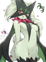 Rule 34 | 1girl, body fur, breast curtains, breasts, claws, cleft of venus, creatures (company), furry, furry female, game freak, green fur, green hair, heart, highres, looking at viewer, mask, medium breasts, meowscarada, mou tama maru, navel, nintendo, nude, pokemon, pokemon (creature), short hair, simple background, solo, tail, twitter username, white background, wiglett
